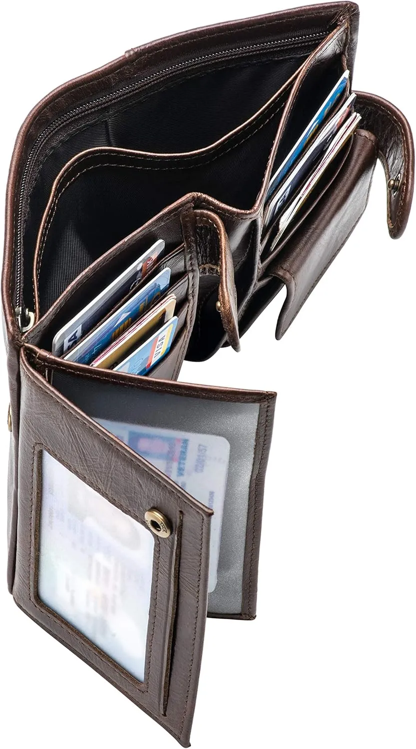POKOFO Large RFID Genuine Leather Card Holder Trifold Wallet Snap Closure 3 ID Windows for men