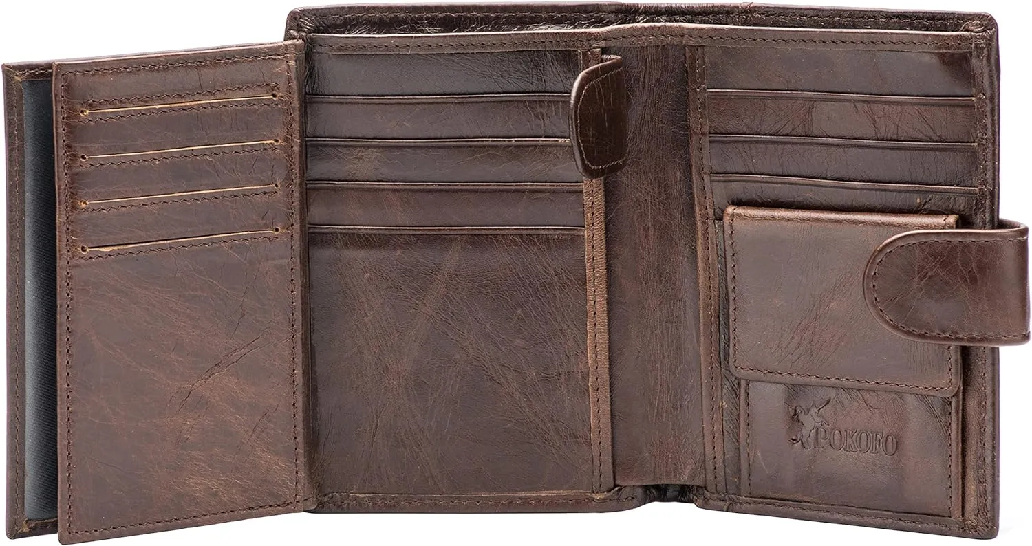 POKOFO Large RFID Genuine Leather Card Holder Trifold Wallet Snap Closure 3 ID Windows for men