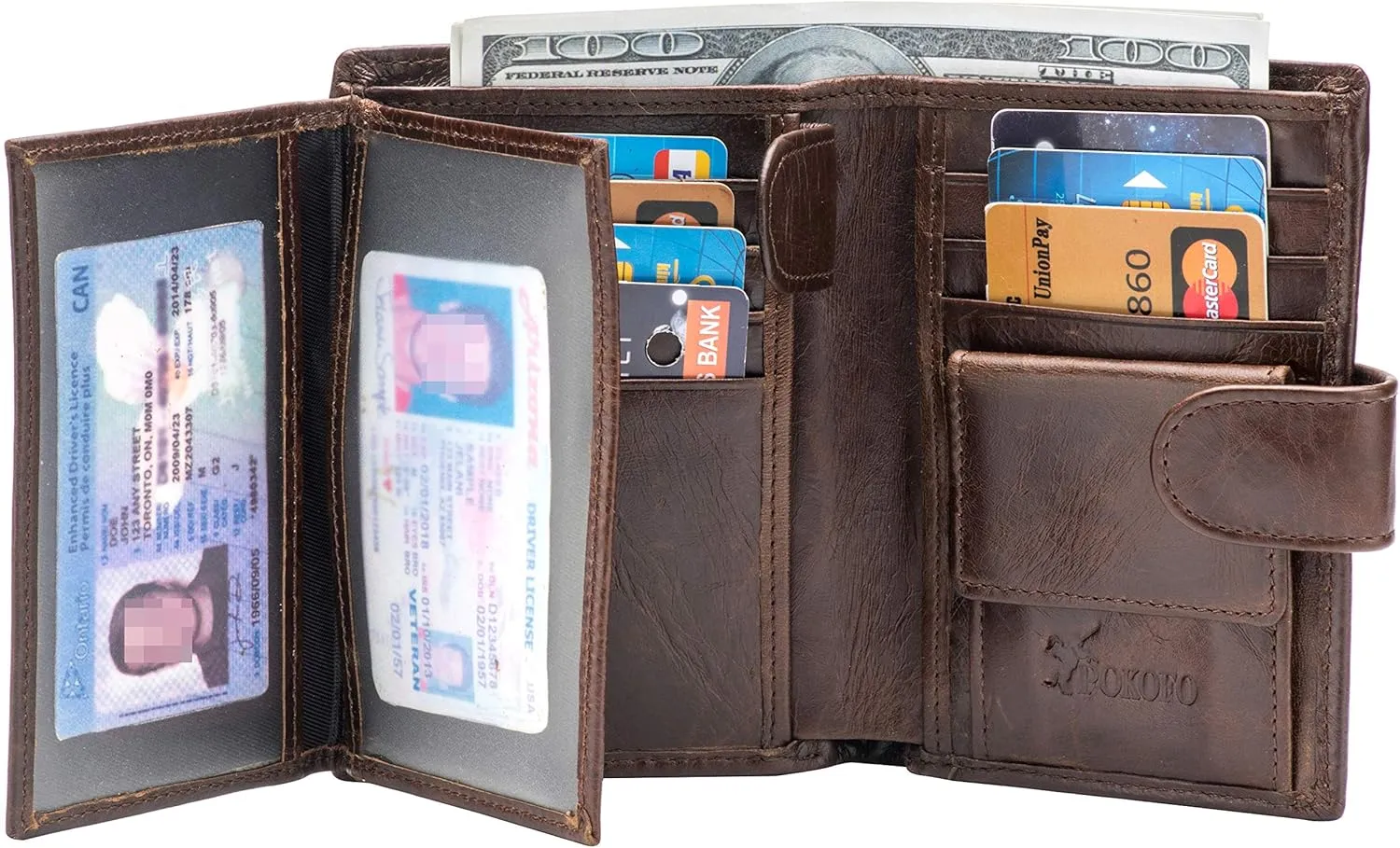 POKOFO Large RFID Genuine Leather Card Holder Trifold Wallet Snap Closure 3 ID Windows for men