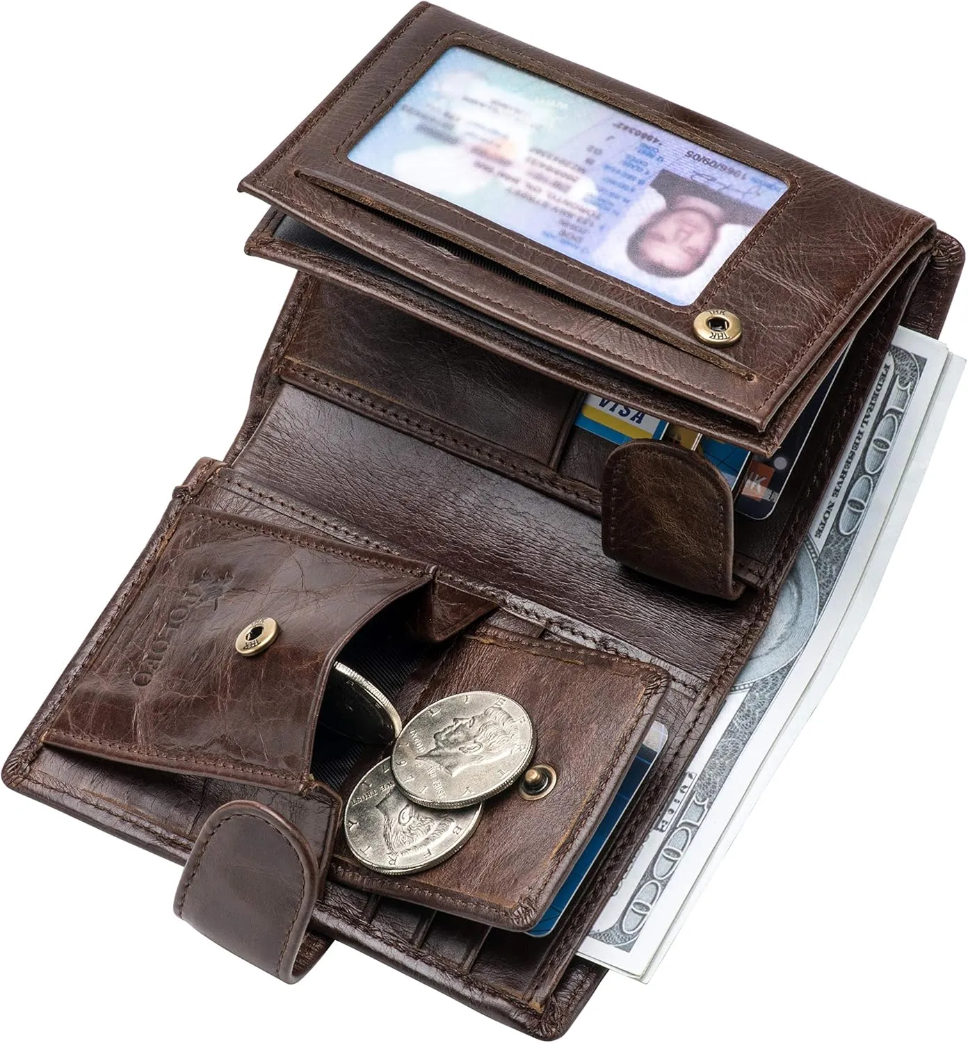 POKOFO Large RFID Genuine Leather Card Holder Trifold Wallet Snap Closure 3 ID Windows for men