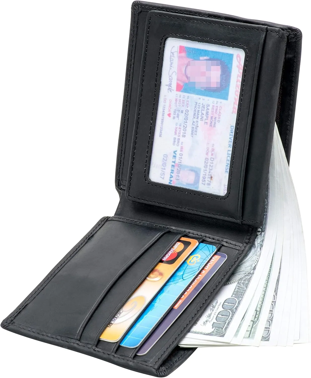 POKOFO RFID Blocking Genuine Leather Bifold Wallet for Men with Zipper and 2 ID Windows