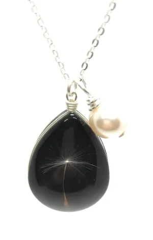 Popular Dark Dandelion Wish Pendant Necklace with Crystal Pearl Charm on Sterling Silver Chain by Aimee Tresor Jewelry