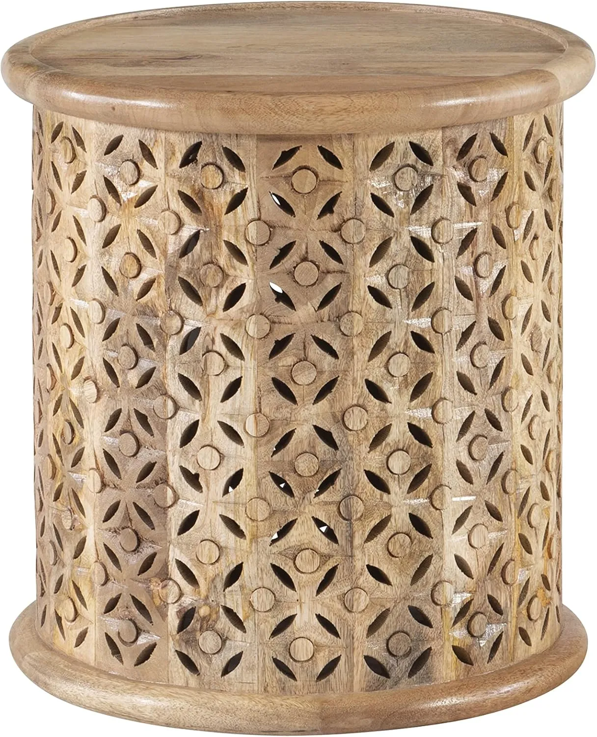 Powell Sympico Natural Stained Mnago Wood Sympic Round Side Table with Carved Details (PAMZN2054)
