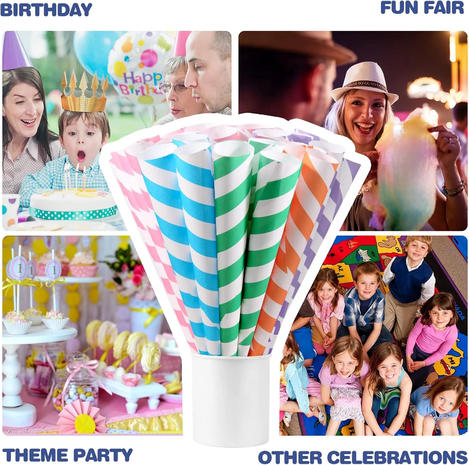 Premium Cotton Candy Cones 100 Pack Carnival Theme - Candy Park Multicolor Cotton Candy Sticks for Cotton Candy Machines - Celebrations & Party Supplies