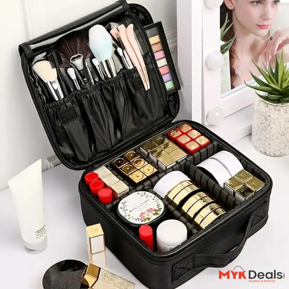 Professional Travel Makeup Bag, Portable Cosmetic Bag With Adjustable Dividers, Makeup Suitcase For Women