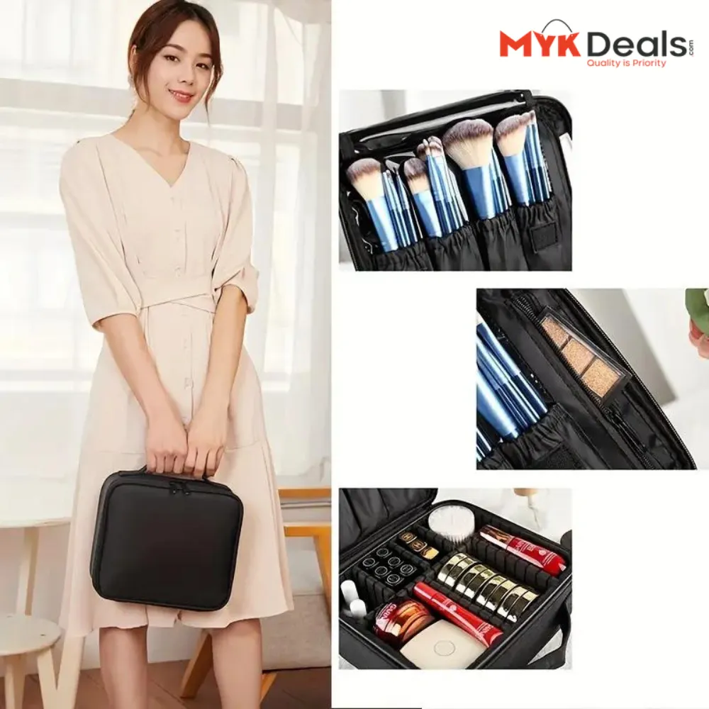 Professional Travel Makeup Bag, Portable Cosmetic Bag With Adjustable Dividers, Makeup Suitcase For Women