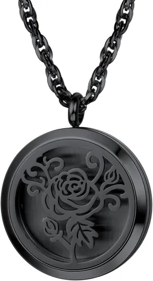 PROSTEEL Personalized Customize Diffuser Aromatherapy Necklace,Perfume Locket Pendant Charm,Delicate Rose Flower Hot Women Jewelry,Black Stainless Steel