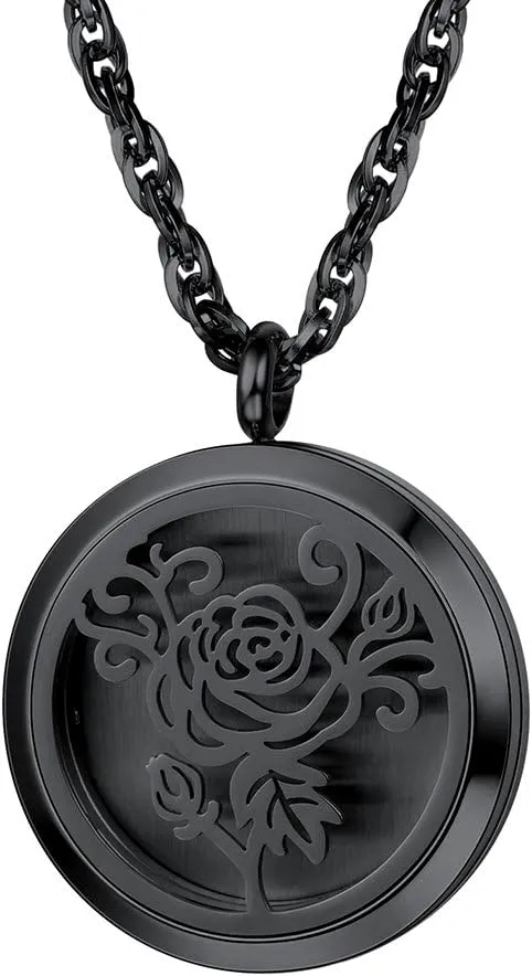 PROSTEEL Personalized Customize Diffuser Aromatherapy Necklace,Perfume Locket Pendant Charm,Delicate Rose Flower Hot Women Jewelry,Black Stainless Steel