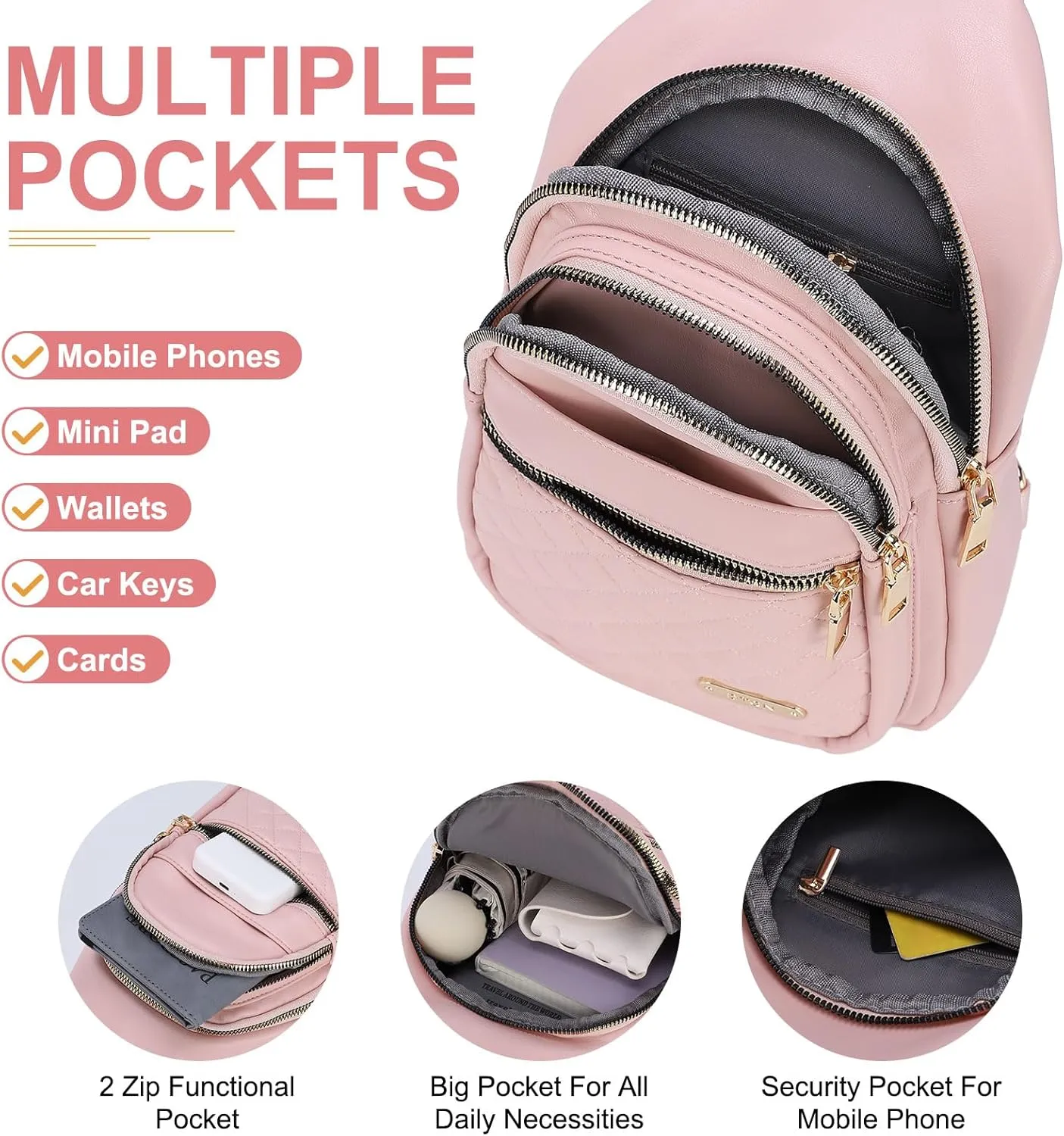 PU Leather Small Sling Bag Mini Crossbody Backpack Daypack - 7.9" Good for Hiking Travel Running Cycling Sports - Pink