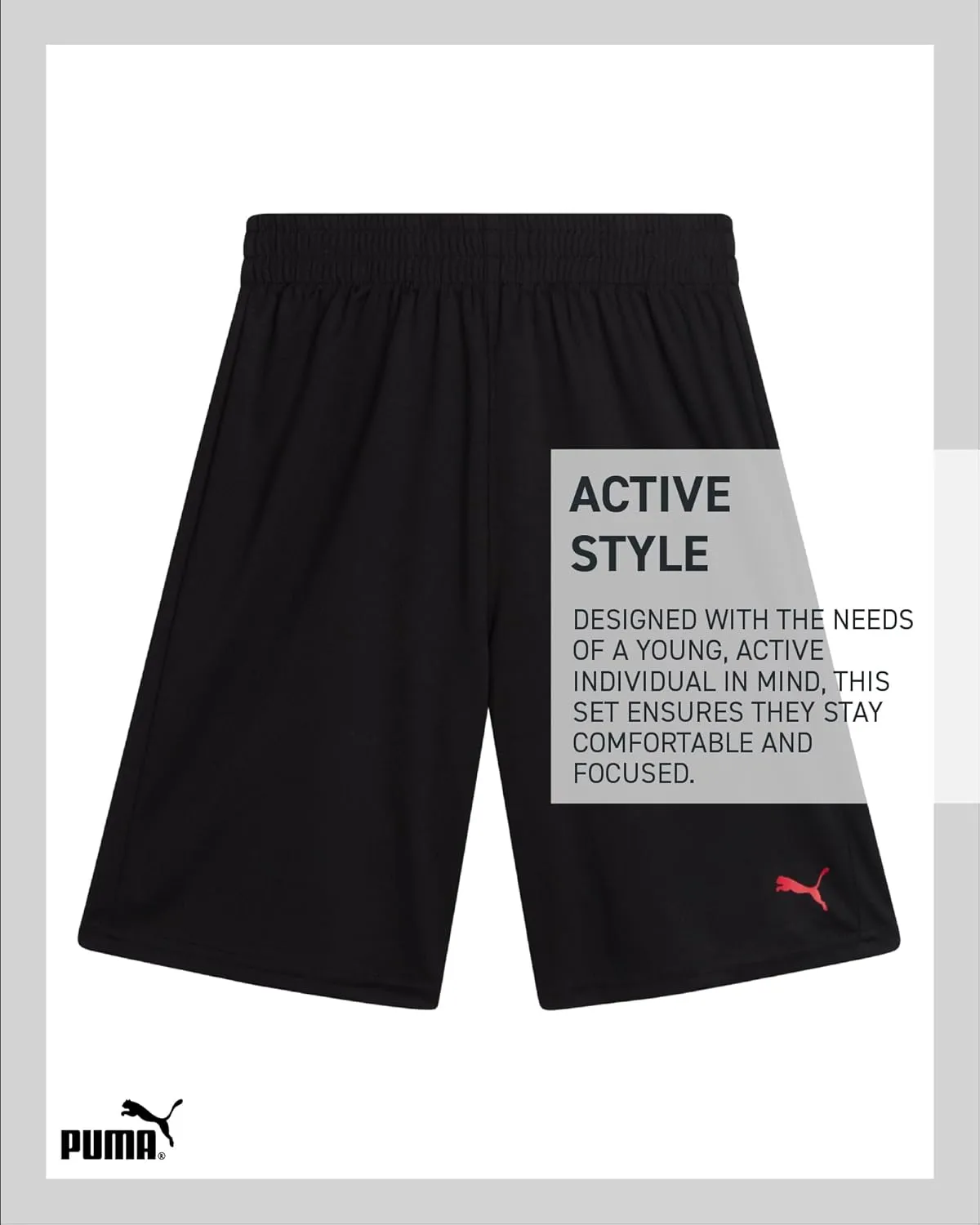 PUMA Boys Active Short Set - 3 Piece Short Sleeve Logo Graphic Tee and Poly Interlock Mesh Shorts for Boys (Sizes: 4-16)