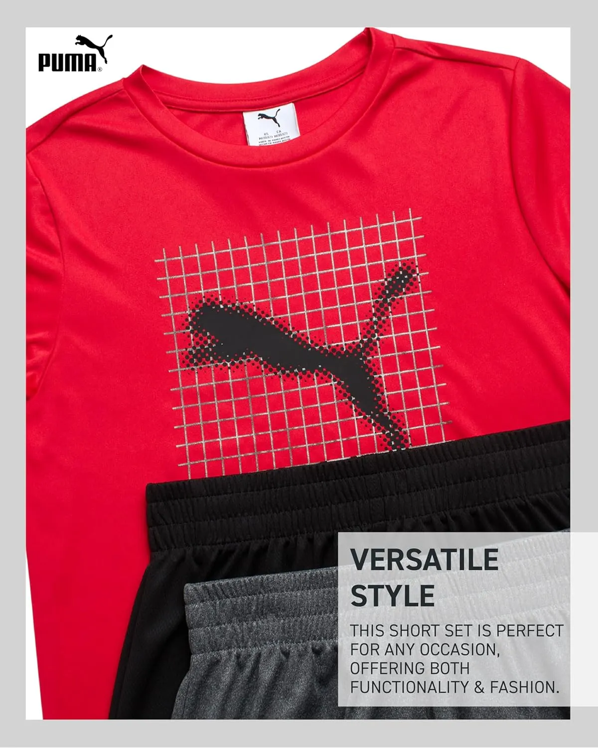PUMA Boys Active Short Set - 3 Piece Short Sleeve Logo Graphic Tee and Poly Interlock Mesh Shorts for Boys (Sizes: 4-16)