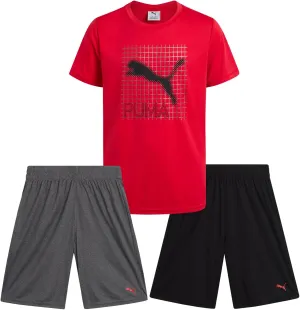 PUMA Boys Active Short Set - 3 Piece Short Sleeve Logo Graphic Tee and Poly Interlock Mesh Shorts for Boys (Sizes: 4-16)