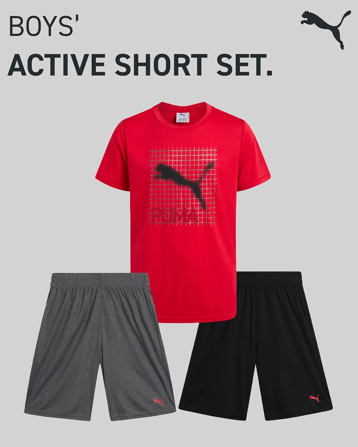 PUMA Boys Active Short Set - 3 Piece Short Sleeve Logo Graphic Tee and Poly Interlock Mesh Shorts for Boys (Sizes: 4-16)