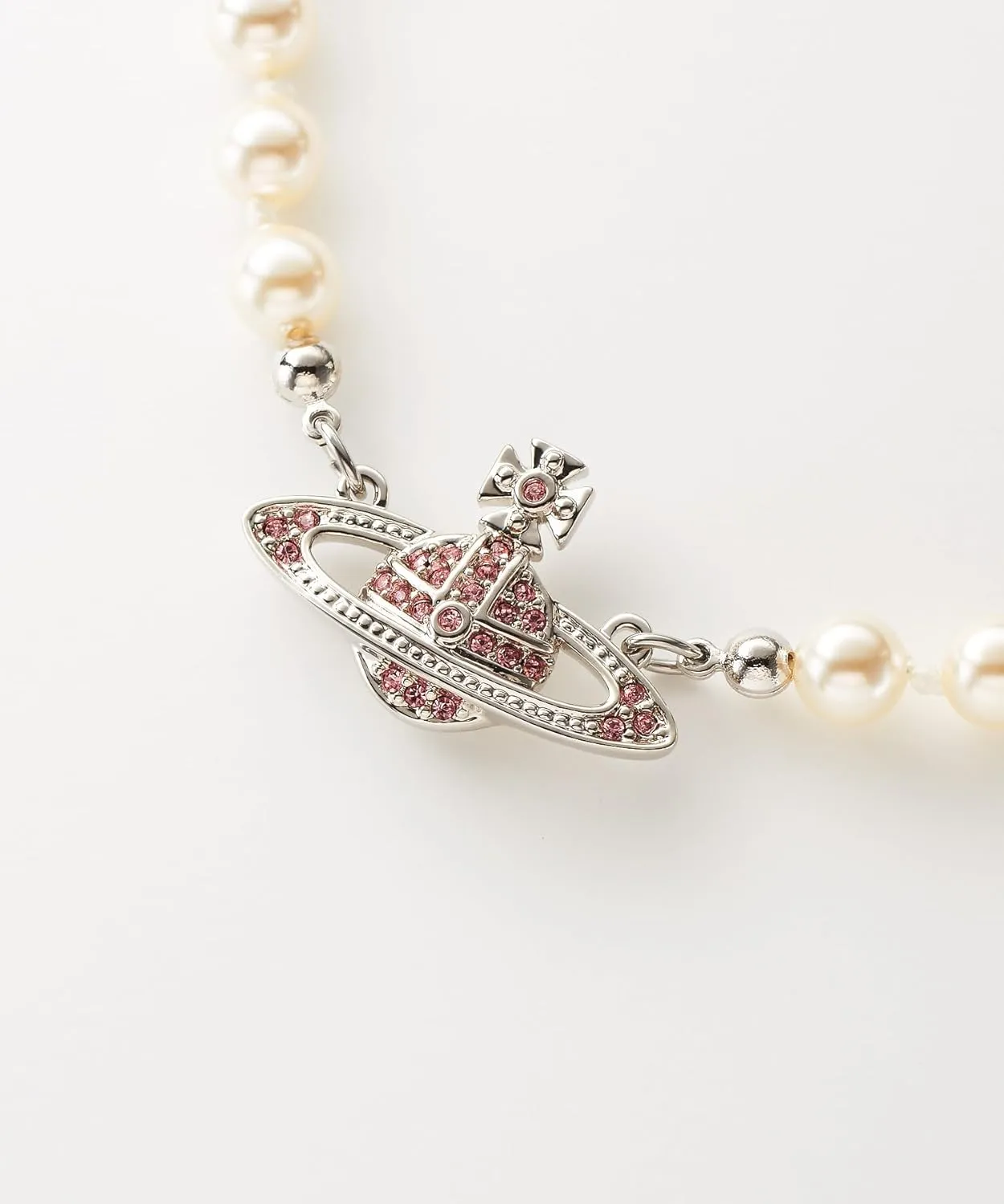 Punk Silver Pink Saturn Necklace for Women Crystal Pearl Chain Saturn Pendant Necklace for Women
