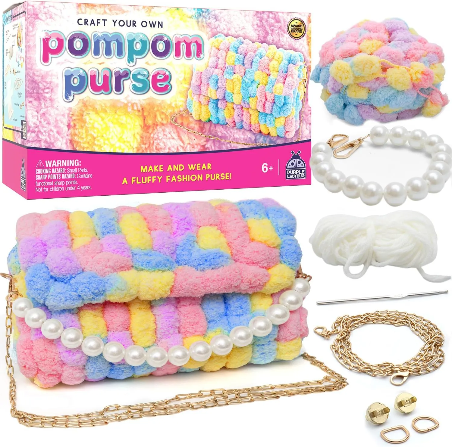 PURPLE LADYBUG Make Your Own Pompom Purse Craft Kit - Girls Arts and Crafts Ages 8-12, Gifts for Girls 6-12 Years Old, Complete Handbag Making Set for DIY Project Activity