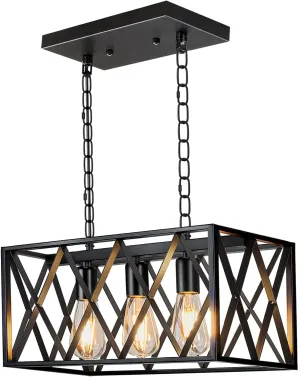 Pynsseu Industrial Kitchen Island Pendant Lighting, Rectangular Vintage Rustic 3-Light Hanging Pendant Light Fixtures for Kitchen Farmhouse, Bar, Dinning Room