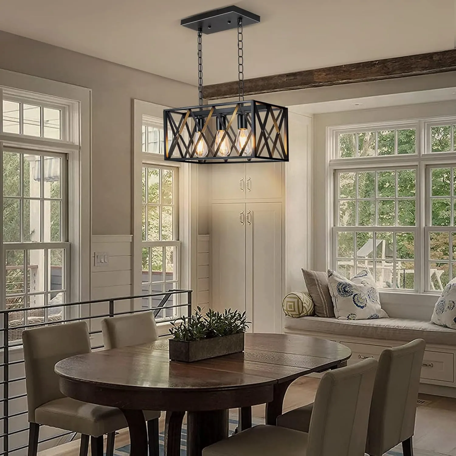 Pynsseu Industrial Kitchen Island Pendant Lighting, Rectangular Vintage Rustic 3-Light Hanging Pendant Light Fixtures for Kitchen Farmhouse, Bar, Dinning Room