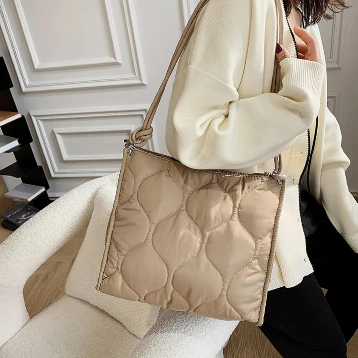 Quilted Padded Women Shoulder Bags Nylon Crossbody Bag Down Cotton Lady Handbags Large Tote Purses Winter (Black)
