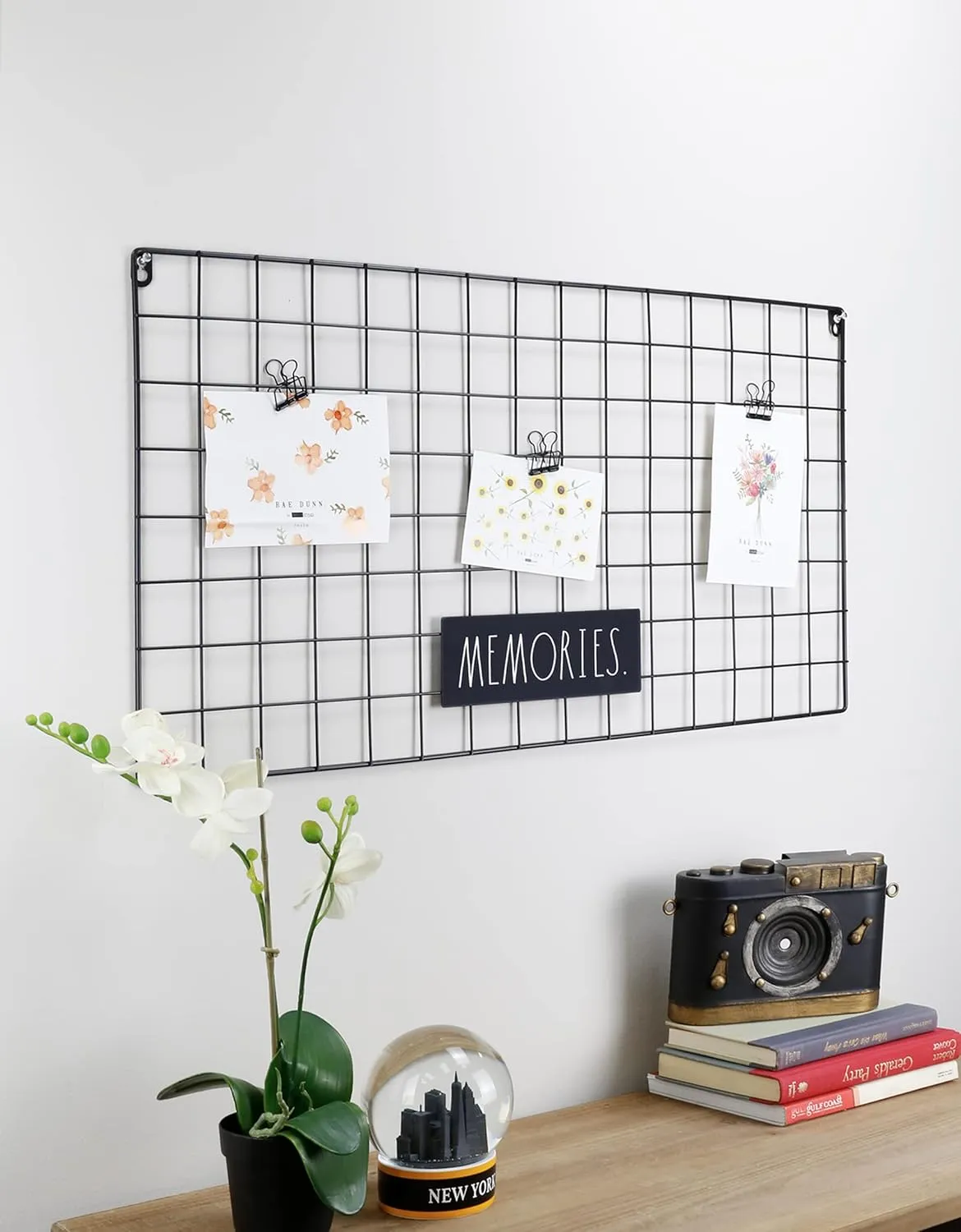 Rae Dunn Wire Wall Grid - Large Metal Grid Panel Organizer for Collage, Photo Wall, Picture Display, Memo Board, Hanging Office Organization, Art - Home and Classroom Décor - Memories Black