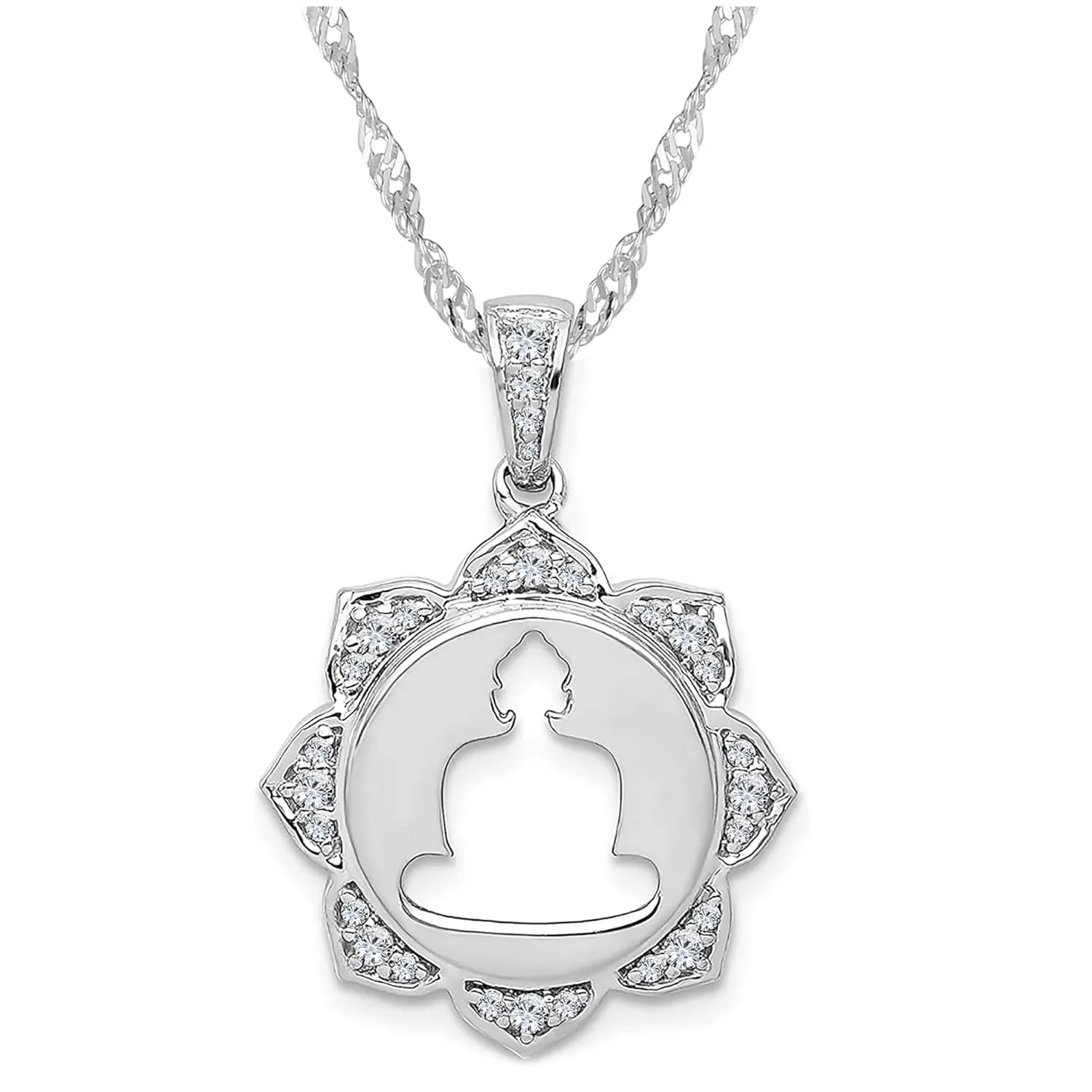 Real 925 Sterling Silver Buddha Necklace - Meditation Buddhist Pendant with Chain 20" White Crystals Cubic Zirconia CZ - Spiritual Yoga Jewelry for Women- Handmade