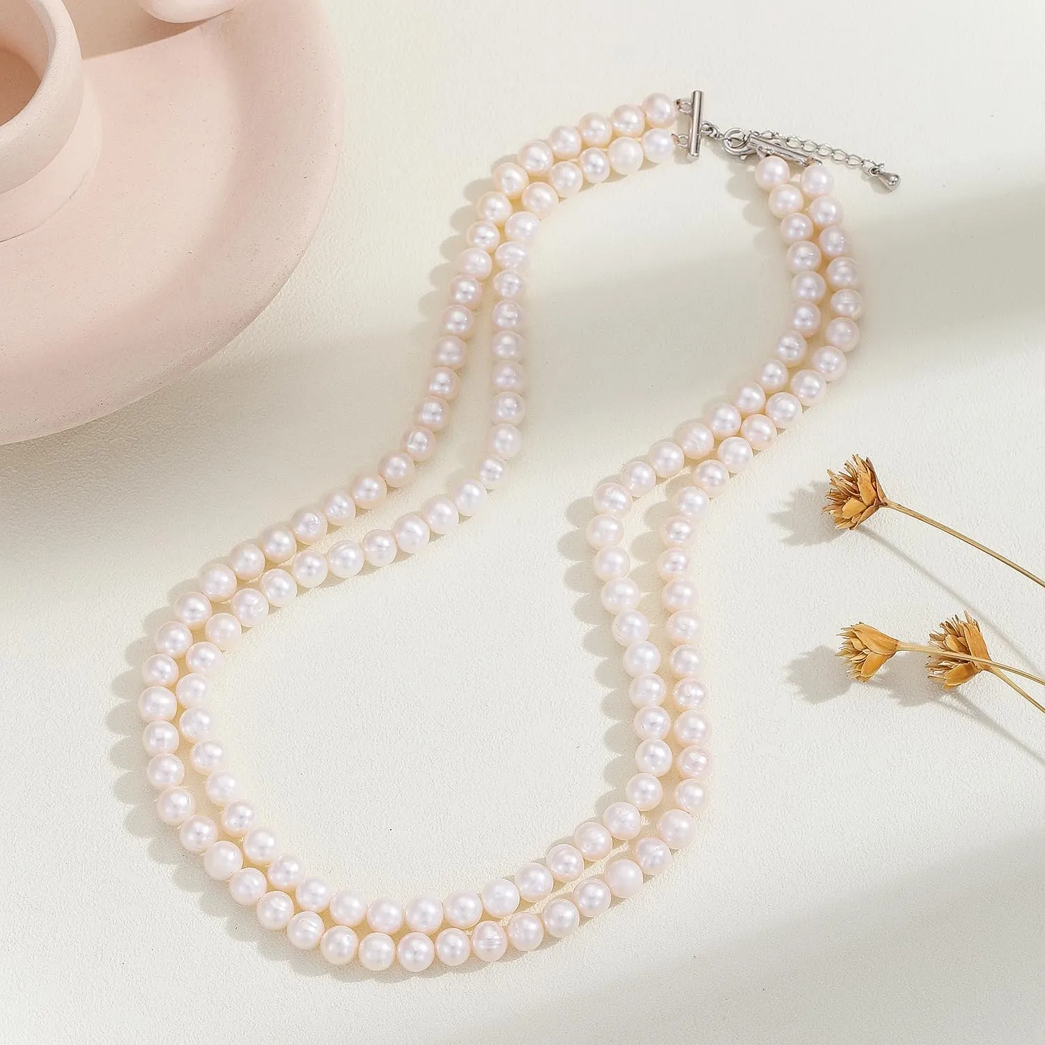 Real Pearl Necklace AAA  Quality White Freshwater Pearls Necklace for Women | 6.5-7mm Round White Pearls with 925 Sterling Silver Clasp - Pearl Gifts for Anniversary