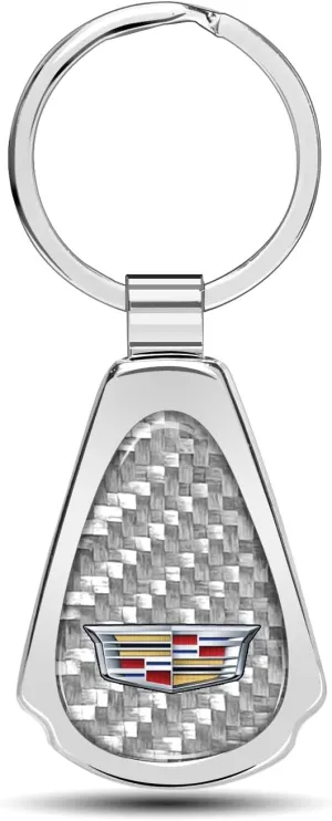 Real Silver Dome Carbon Fiber Chrome Metal Teardrop Key Chain Official Licensed for Cadillac Crest Logo