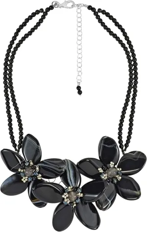 Reconstructed Agate Flower & Cultured Freshwater Black Pearl Center Collar Necklace