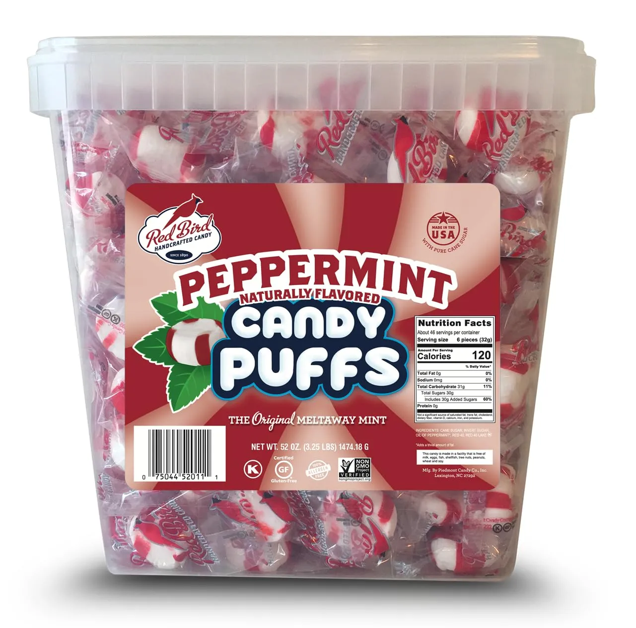Red Bird Soft Peppermint Candy, Individually Wrapped, Gluten Free Breath Mints, 52 oz Tub
