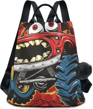 Red Monster Trucks Tines Travel Backpack Purse for Women Multipurpose Design Ladies Fashion Bag with Pompom