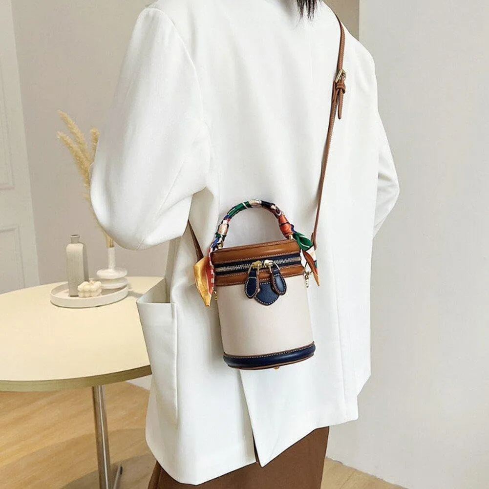 Retro Bucket Bag Female PU Leather Color Contrast Cylinder Shoulder Round Bag Handle Handbag Purse
