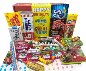 RETRO CANDY YUM ~ 1972 53rd Birthday Gift Box of Nostalgic Retro 70s Candy Mix from Childhood for 53 Year Old Man or Woman Born Back in 1972 Jr