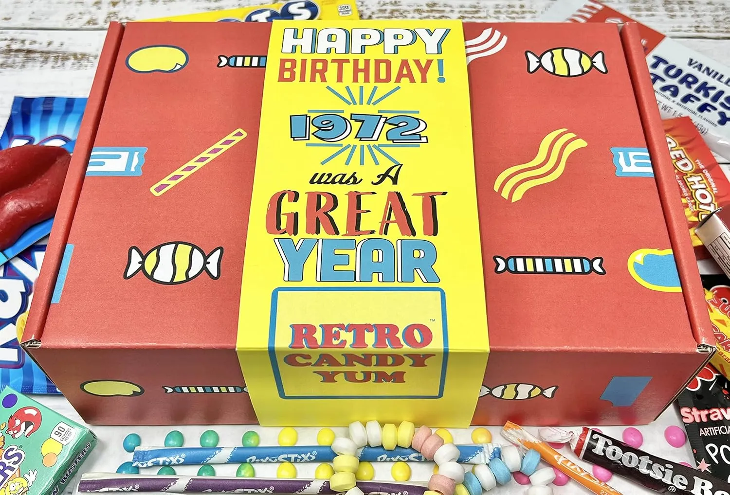 RETRO CANDY YUM ~ 1972 53rd Birthday Gift Box of Nostalgic Retro 70s Candy Mix from Childhood for 53 Year Old Man or Woman Born Back in 1972 Jr