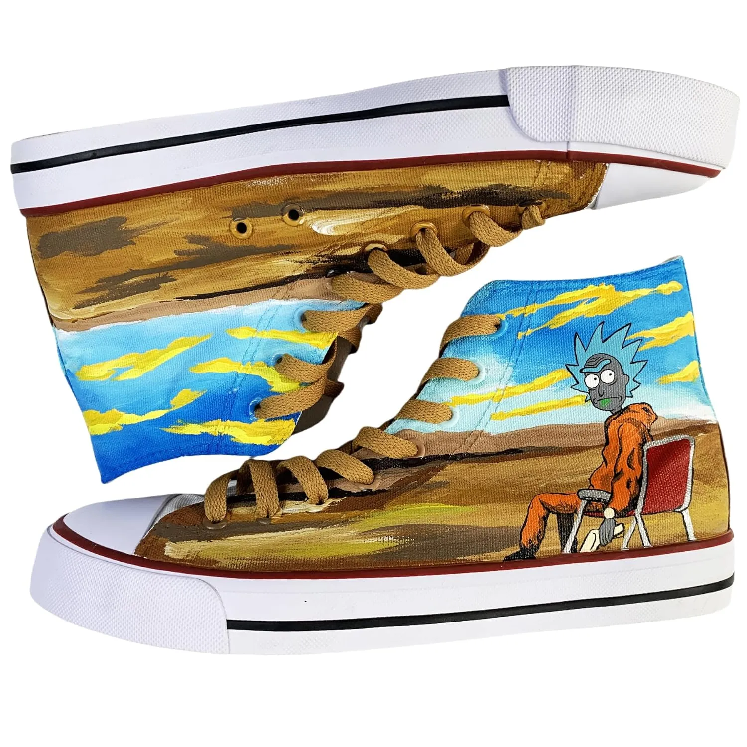 Rick shoes Morty Themed Hand drawn Canvas High-Top Sneakers，Desert khaki anime shoes (11Men/EUR46)