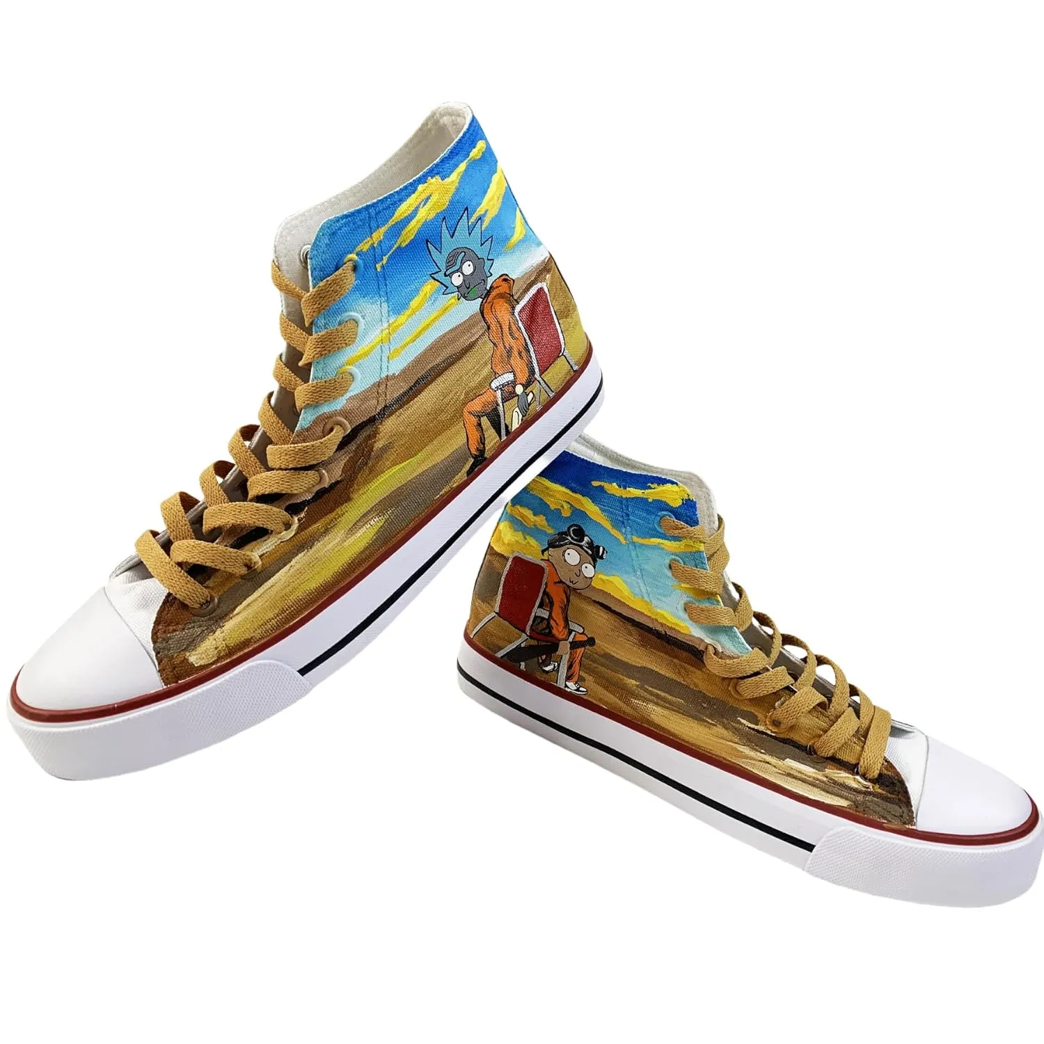 Rick shoes Morty Themed Hand drawn Canvas High-Top Sneakers，Desert khaki anime shoes (11Men/EUR46)
