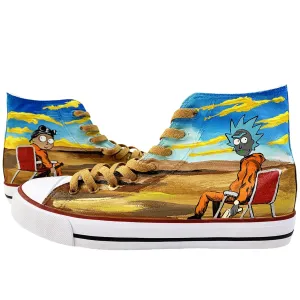 Rick shoes Morty Themed Hand drawn Canvas High-Top Sneakers，Desert khaki anime shoes (11Men/EUR46)