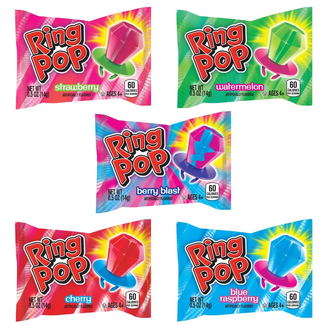 Ring Pop Individually Wrapped Bulk Lollipop Variety Party Pack – 50 Count Suckers w/ Assorted Fruity Flavors - Fun Bulk Candy for Kids - Hard Candy for Party Favors, Birthdays & Goodie Bags