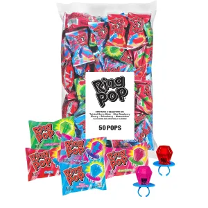 Ring Pop Individually Wrapped Bulk Lollipop Variety Party Pack – 50 Count Suckers w/ Assorted Fruity Flavors - Fun Bulk Candy for Kids - Hard Candy for Party Favors, Birthdays & Goodie Bags