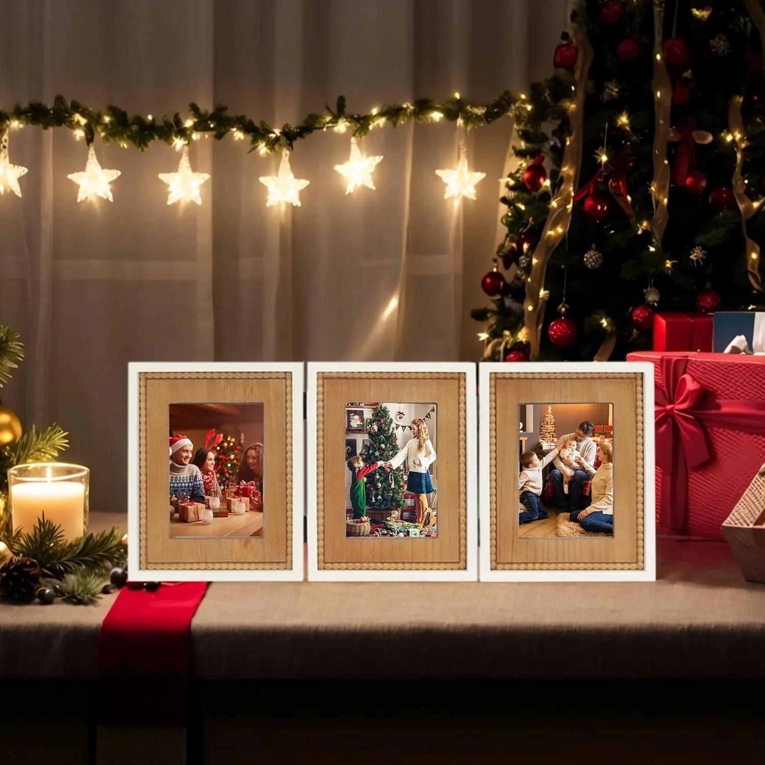 RiteSune Rustic 3 Picture Frame 5X7, Distressed Photo Frames with Beads for Tabletop Display, Vintage Triple Picture College Frame for Present