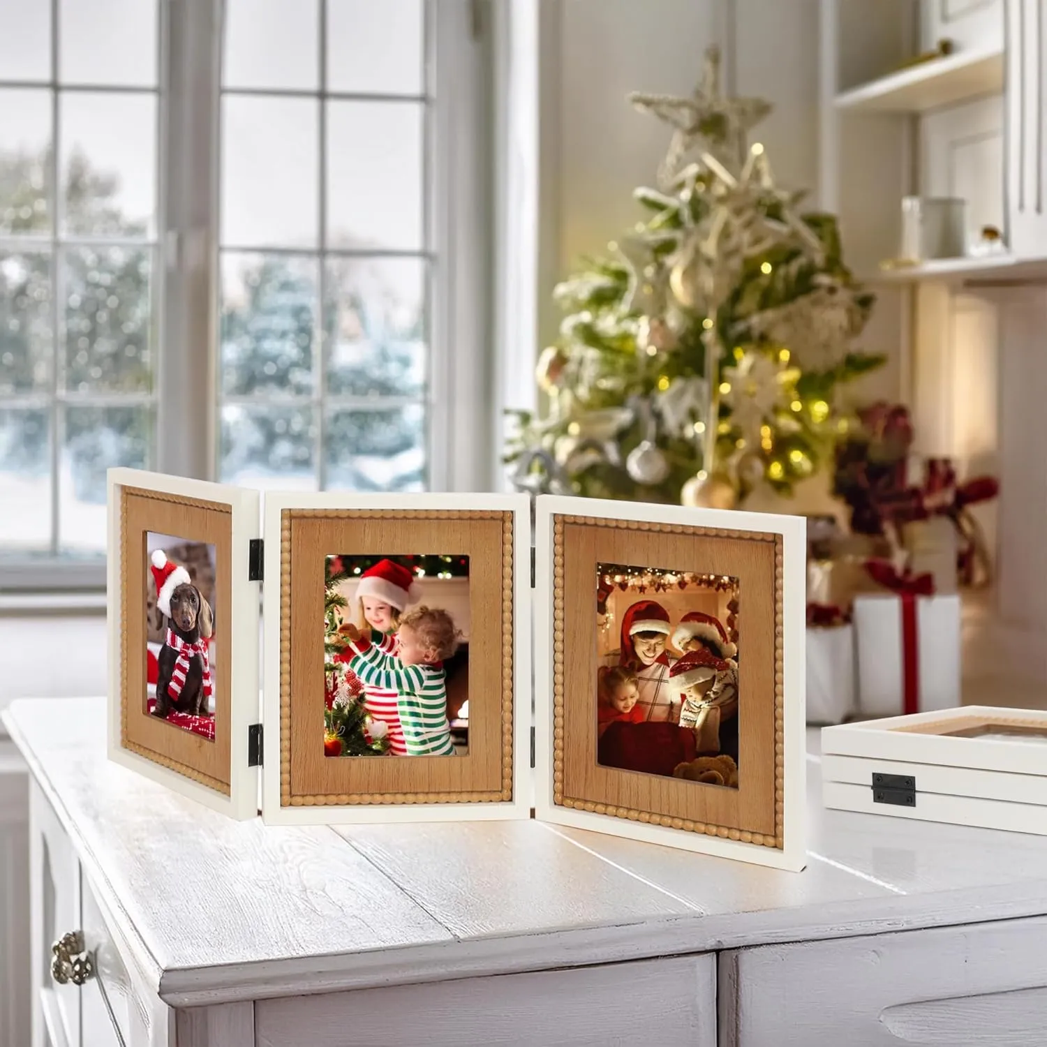 RiteSune Rustic 3 Picture Frame 5X7, Distressed Photo Frames with Beads for Tabletop Display, Vintage Triple Picture College Frame for Present