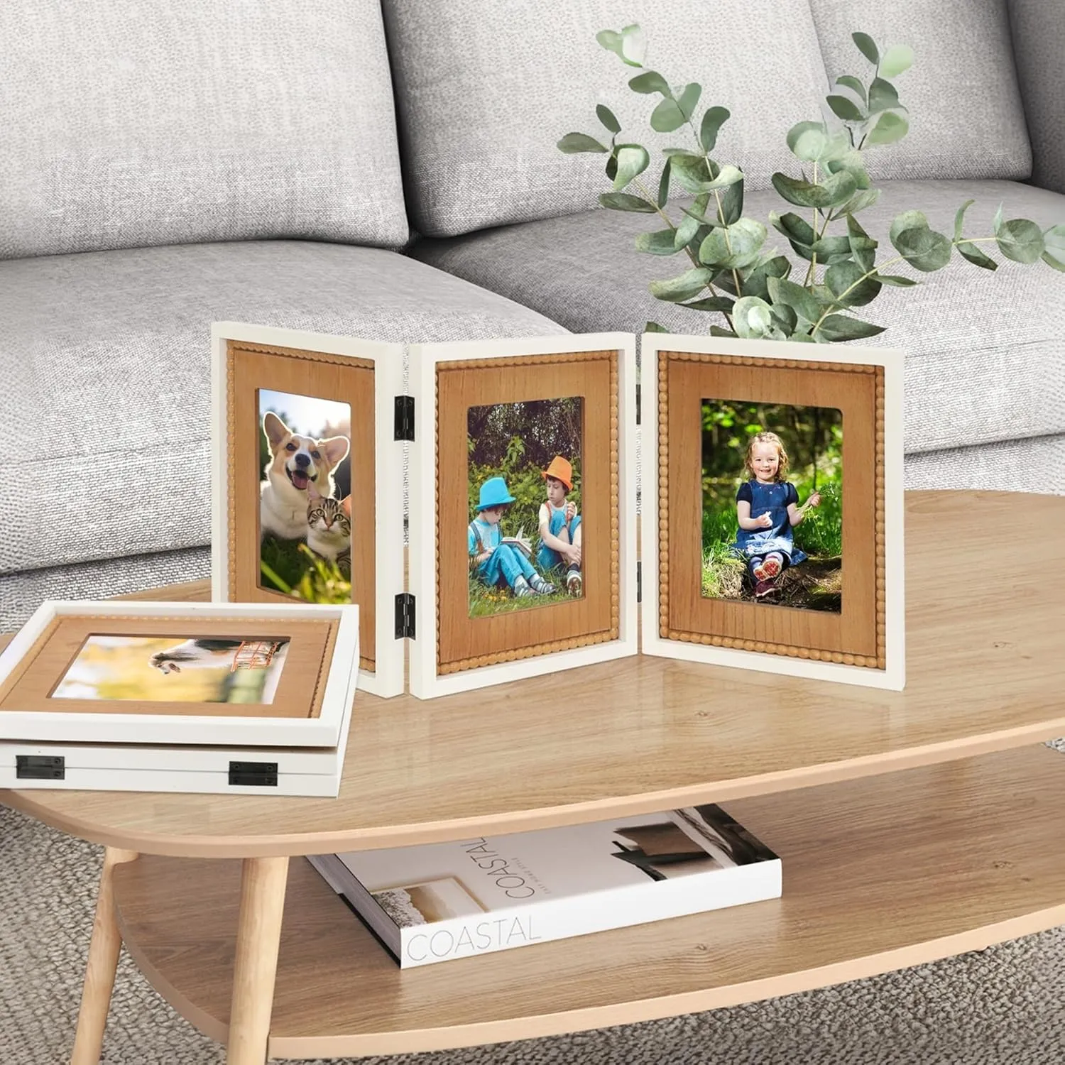 RiteSune Rustic 3 Picture Frame 5X7, Distressed Photo Frames with Beads for Tabletop Display, Vintage Triple Picture College Frame for Present
