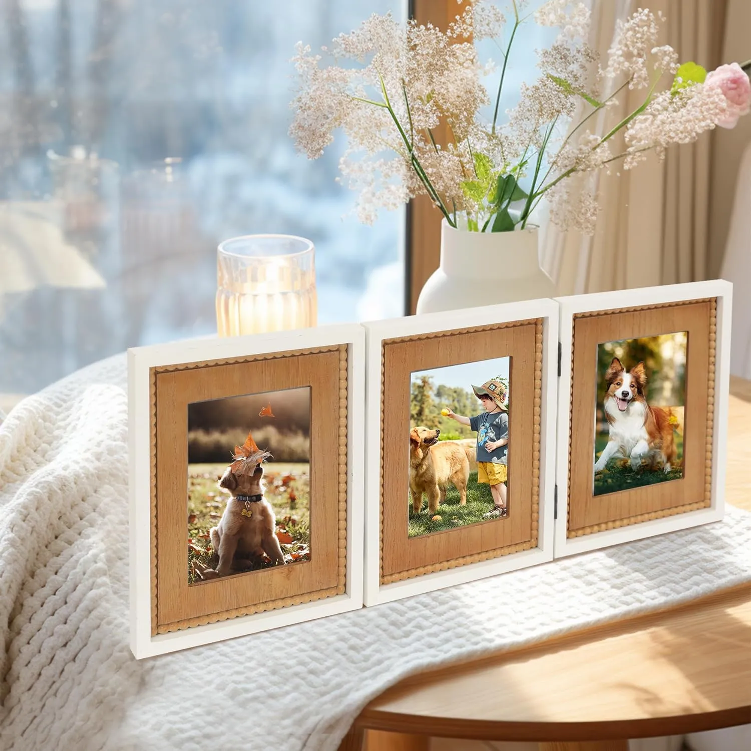 RiteSune Rustic 3 Picture Frame 5X7, Distressed Photo Frames with Beads for Tabletop Display, Vintage Triple Picture College Frame for Present