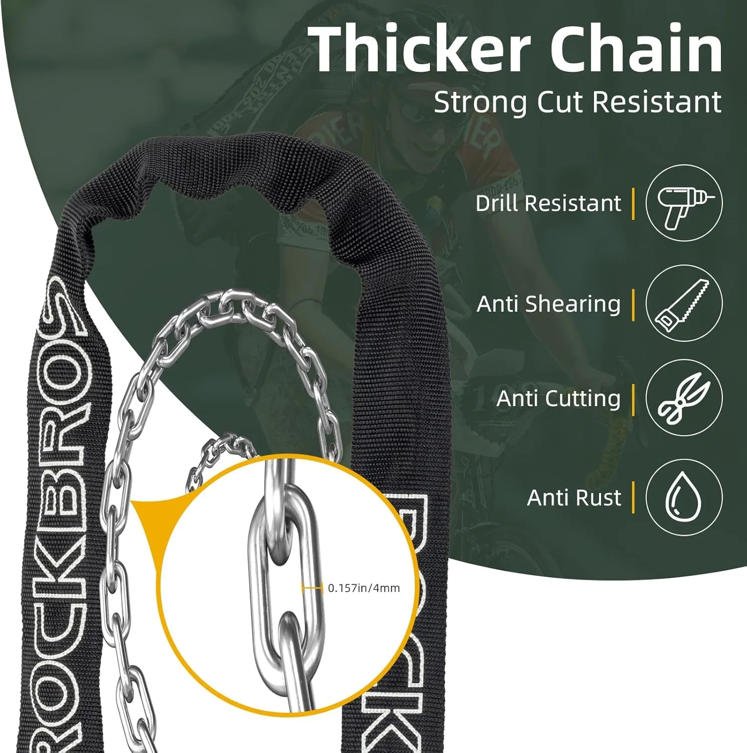ROCKBROS Bike Chain Lock, Heavy Duty Anti Theft, 3 Ft Long, 5mm Thick Bicycle Lock with Key Set, Cut Proof for Door, Fence