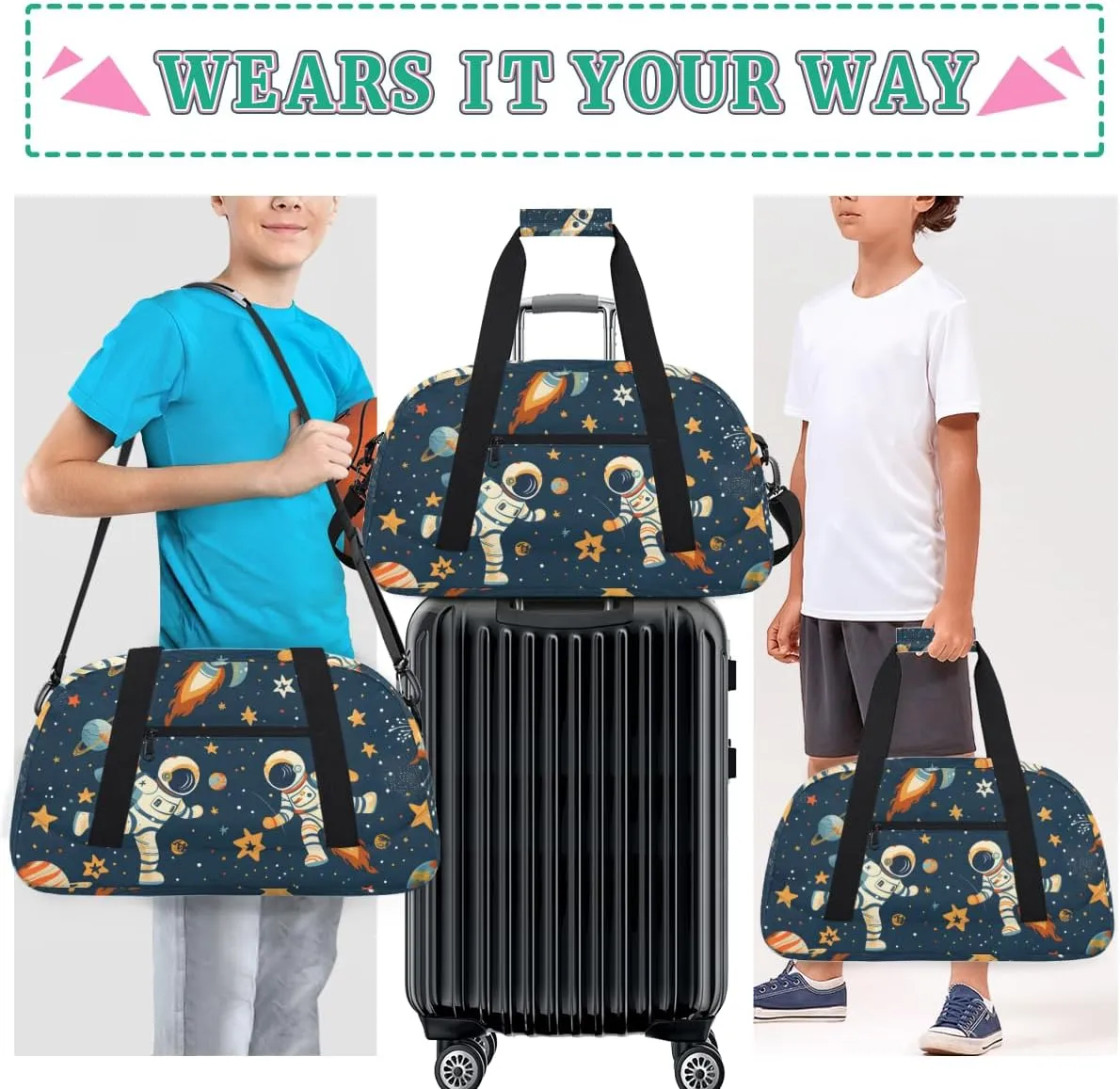 Rocket Astronaut Boys Girls Gym Bag Dance Perform Training Duffel Bags Weekender Carry-On Tote Luggage Bag Ideal for School Practice or Overnight Trips Cute Space