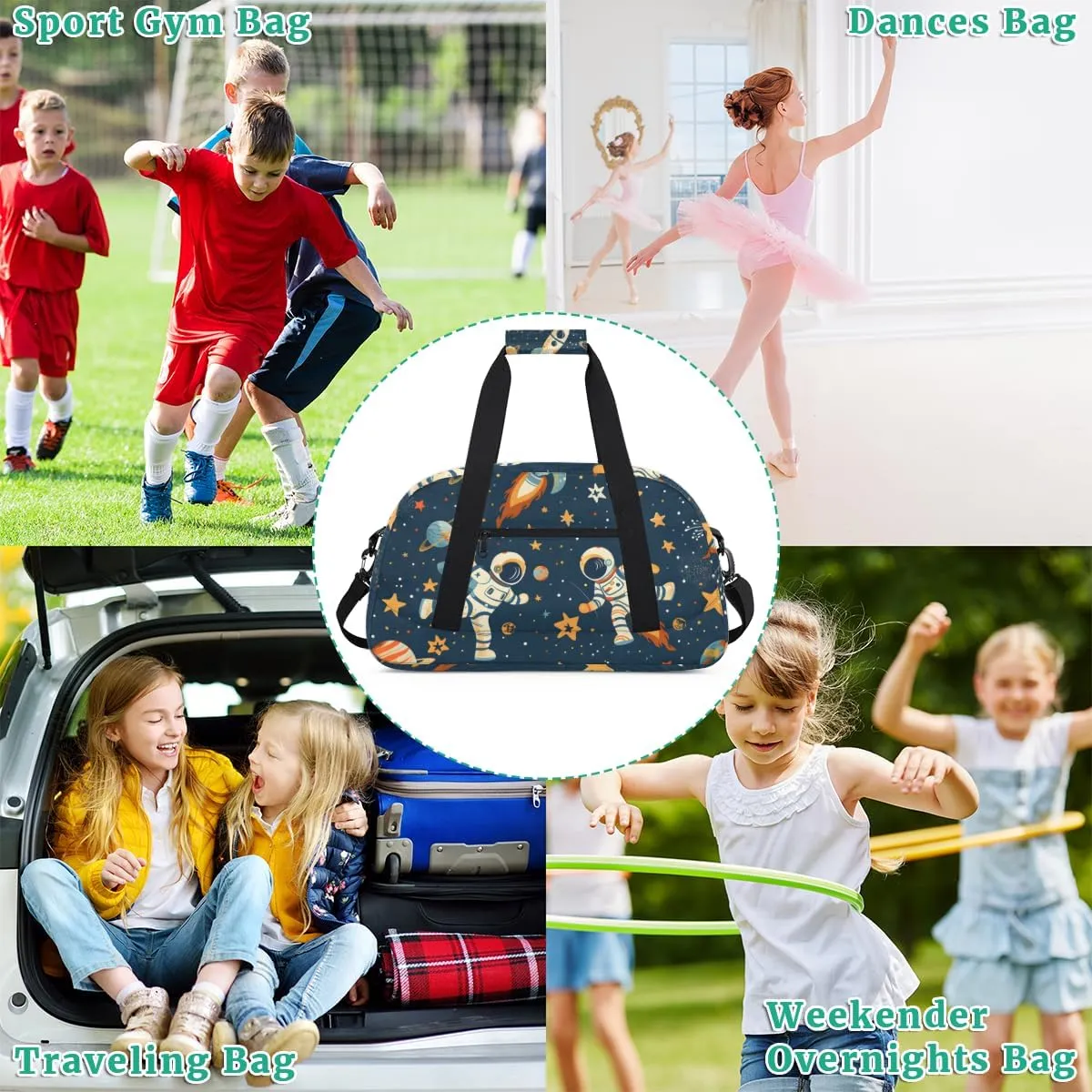 Rocket Astronaut Boys Girls Gym Bag Dance Perform Training Duffel Bags Weekender Carry-On Tote Luggage Bag Ideal for School Practice or Overnight Trips Cute Space