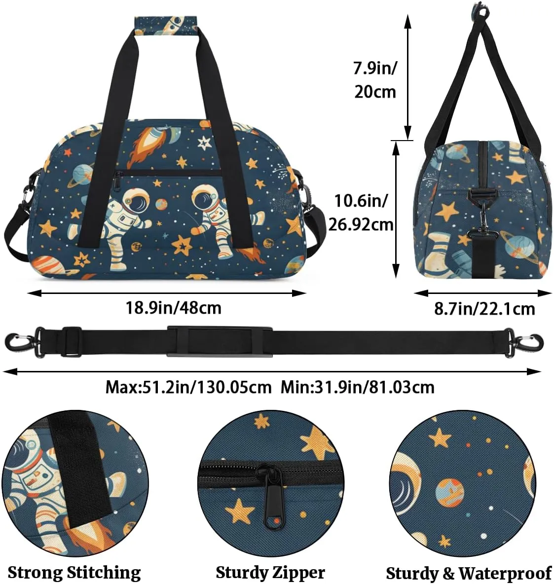 Rocket Astronaut Boys Girls Gym Bag Dance Perform Training Duffel Bags Weekender Carry-On Tote Luggage Bag Ideal for School Practice or Overnight Trips Cute Space
