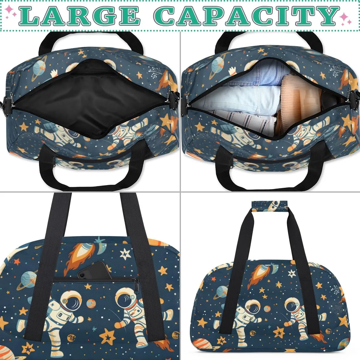 Rocket Astronaut Boys Girls Gym Bag Dance Perform Training Duffel Bags Weekender Carry-On Tote Luggage Bag Ideal for School Practice or Overnight Trips Cute Space
