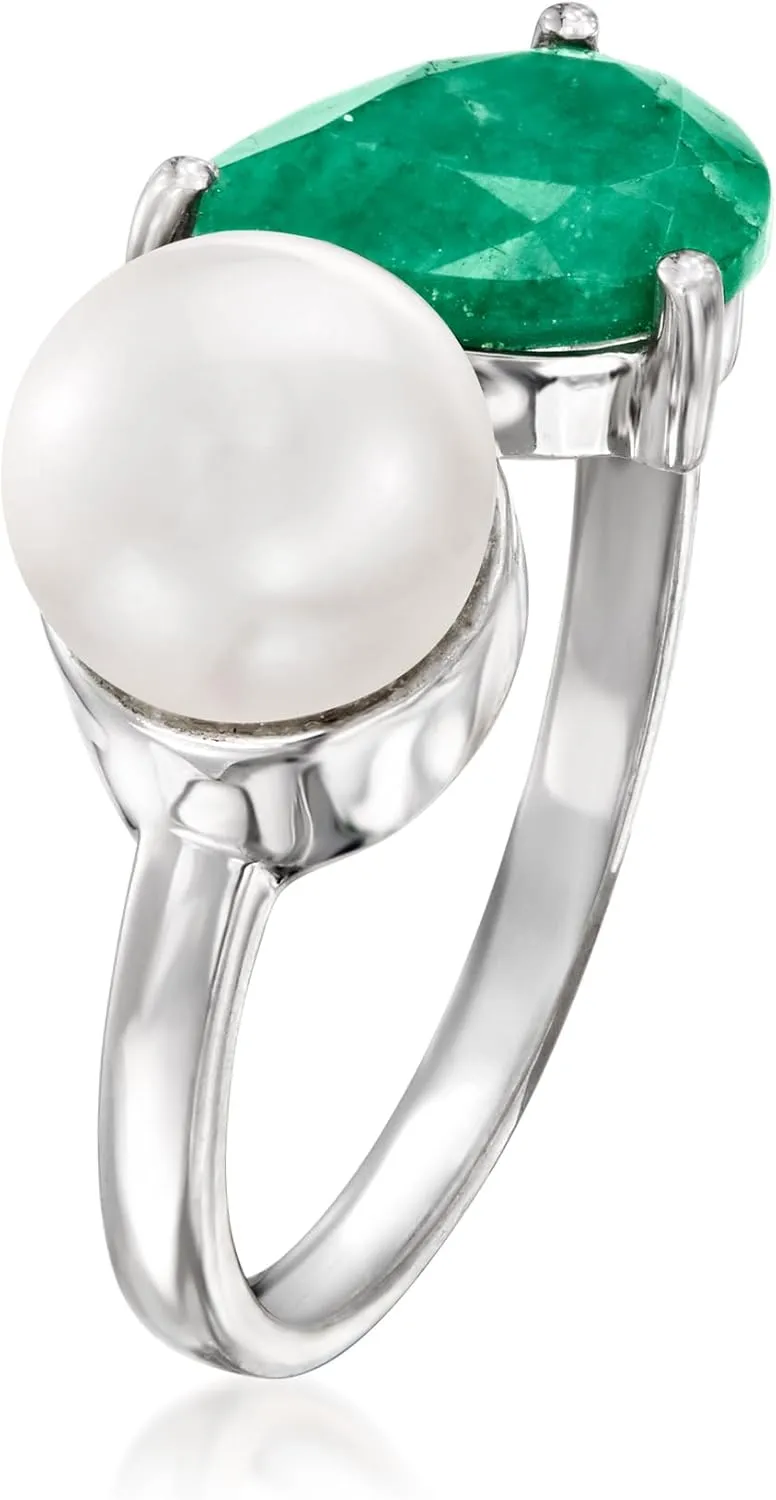 Ross-Simons 7.5-8mm Cultured Pearl and 1.70 Carat Emerald Toi Et Moi Ring in Sterling Silver