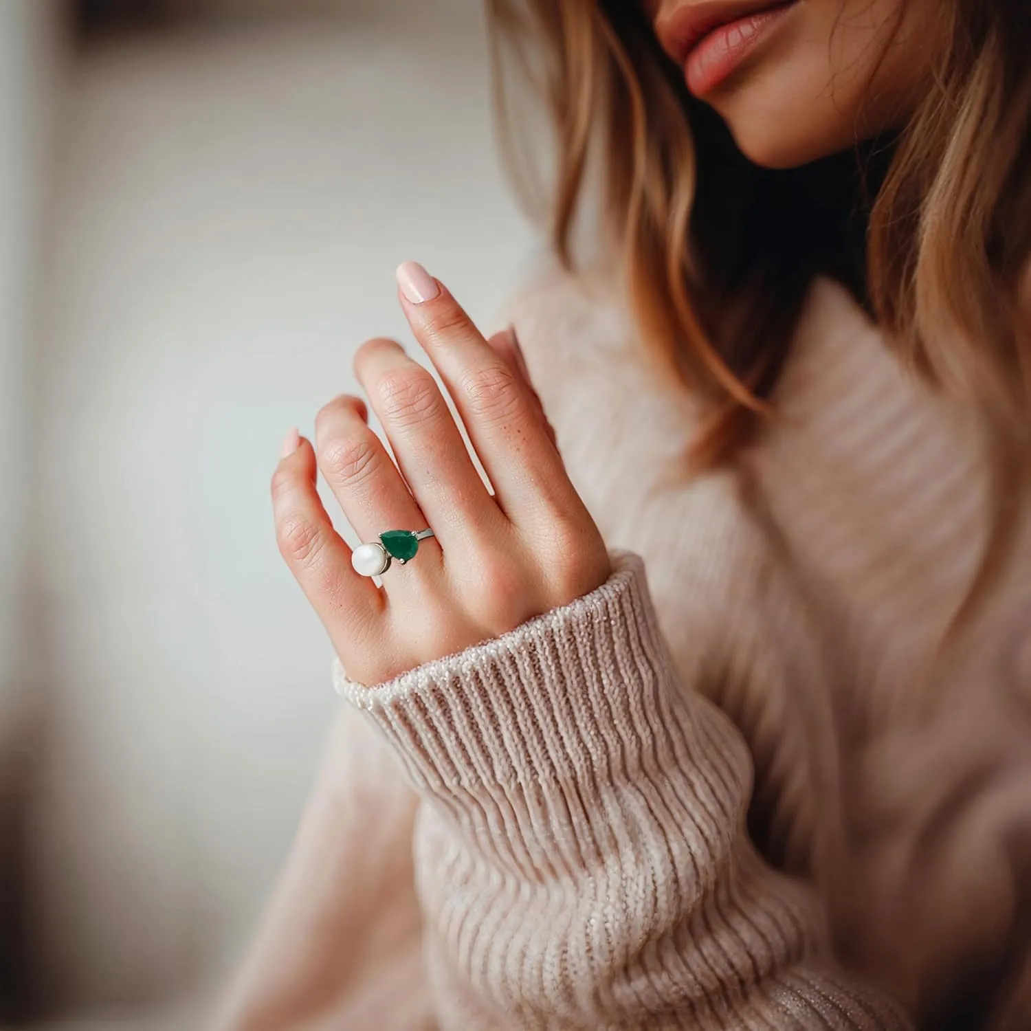 Ross-Simons 7.5-8mm Cultured Pearl and 1.70 Carat Emerald Toi Et Moi Ring in Sterling Silver