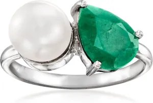 Ross-Simons 7.5-8mm Cultured Pearl and 1.70 Carat Emerald Toi Et Moi Ring in Sterling Silver