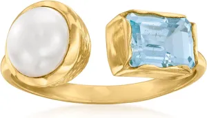 Ross-Simons 8-8.5mm Cultured Pearl and 1.70 Carat Sky Blue Topaz Toi Et Moi Ring in 18kt Gold Over Sterling. Size 7